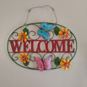 Colorful Welcome Sign with Butterflies and Flowers